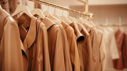 A close-up shot of a row of light brown coats and sweaters on hangers in a store, highlighting the timeless and classic appeal of women's fashion.