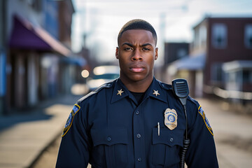 Naklejka premium African-american police officer on the street in township, generative ai 