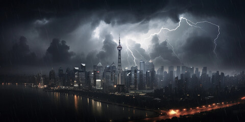 thunderstorm over a cityscape, lightning illuminating skyscrapers, ominous clouds, heavy rain