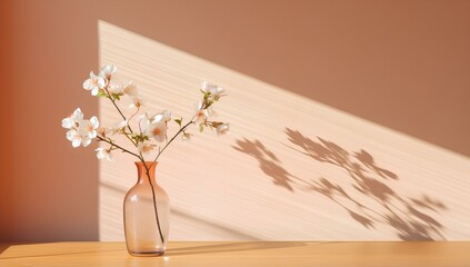 A vase on the table with a blooming flower in pink.