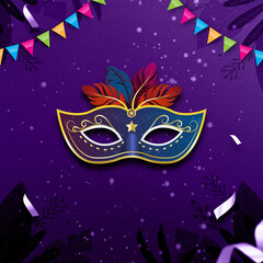 Carnival or masquerade colombina mask at banner. Fat tuesday poster with feather and flags, crepe paper streamer and confetti. Venice party or venetian festival flyer. Holiday