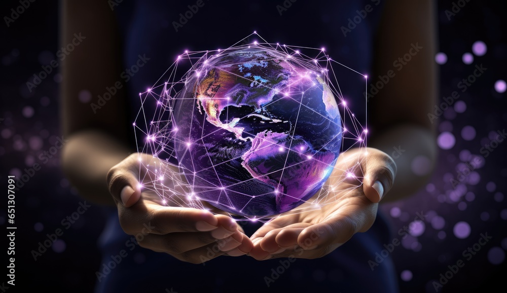 Poster a hand holding an image of the earth and dots connected in a digital world generative ai