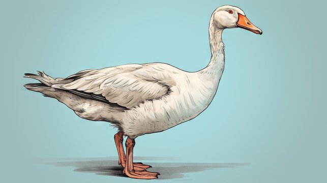  a white goose standing on a blue background with a red beak.  generative ai