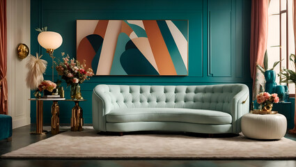 Stunning Art Deco Living Room with White Tufted Sofa, Teal Wall Panels, and Colorful Art - Modern Luxury Interior Photography
