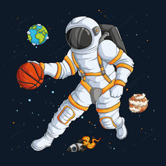 Hand drawn Basketball astronaut in spacesuit doing dribbling move over space rocket and planets