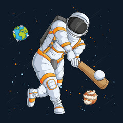 Hand drawn astronaut in spacesuit playing Cricket, batsman cosmonaut over space rocket and planets
