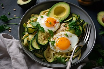 Keto breakfast zucchini with eggs and avocado. Top view of healthy food. Generative AI.