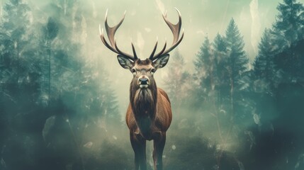 Double exposure of a deer portrait and a beautiful foggy landscape of a pine forest.