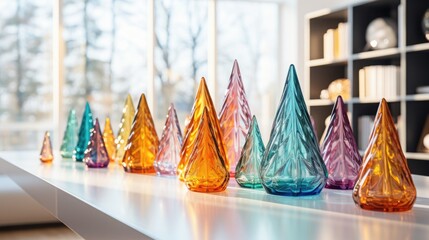 Obraz premium Beautiful Christmas trees of different shapes and sizes, made of colored glass, are arranged on a shelf.