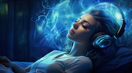 Woman lying with headphones. 