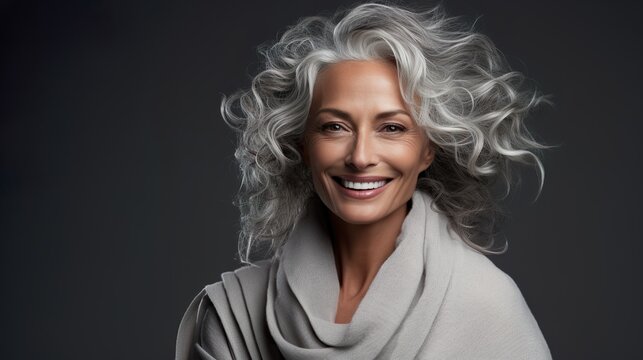 Beautiful Aging: Mature Woman with Smooth Healthy Skin and Gray Hair - Beauty and Cosmetics, Happy Smiling, Advertising 