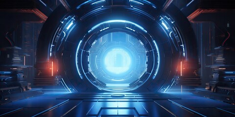 AI Generated. AI Generative. Futuristic space ship galaxy alien door gate entrance sci fi concept neon indoor architecture. Graphic Art