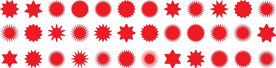 Set of red starburst. Price or sale sticker, retro stars, shopping labels. PNG