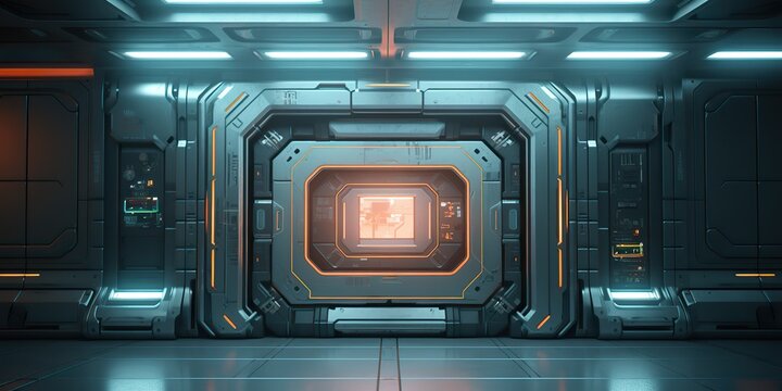 AI Generated. AI Generative. Futuristic space ship galaxy alien door gate entrance sci fi concept neon indoor architecture. Graphic Art