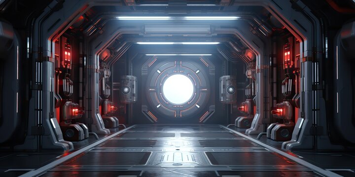 AI Generated. AI Generative. Futuristic space ship galaxy alien door gate entrance sci fi concept neon indoor architecture. Graphic Art