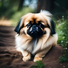 Image of an adorable beige and black long haired pekingese puppy from a dog shelter rescue.