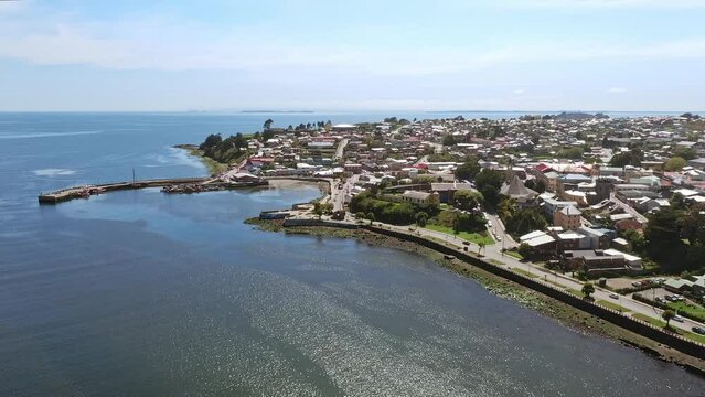 Aerial view of the waterfront of Ancud in Chilo&eacute;