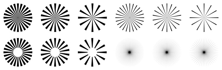 Set of sunburst element. Radial stripes. Sunburst icon collection. Vector illustration isolated on white background