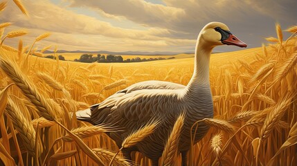  a painting of two geese in a wheat field with a cloudy sky.  generative ai
