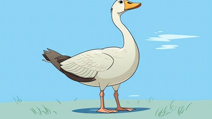  a white goose standing on a grass covered field with a blue sky in the background.  generative ai