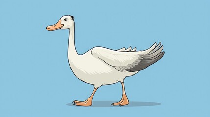  a white duck walking across a blue background with a black beak.  generative ai