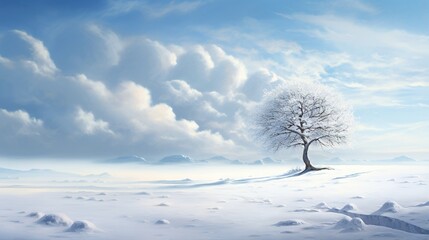  a painting of a lone tree in a snowy landscape with mountains in the background.  generative ai