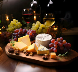 Organic grape and cheese on wooden platter. High quality