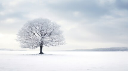  a lone tree stands alone in a snowy field on a cloudy day.  generative ai
