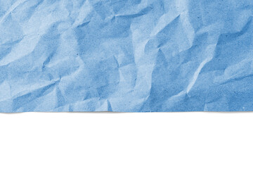 Recycled crumpled blue paper texture with edge, border isolated on white, transparent background,...