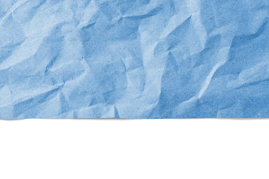 Recycled crumpled blue paper texture with edge, border isolated on white, transparent background, PNG. Wrinkled and creased abstract backdrop, design element, wallpaper with copy space, top view.
