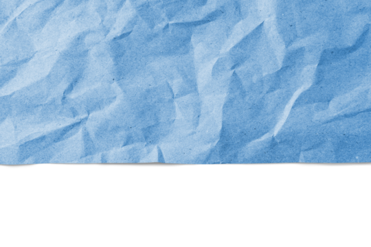 Recycled crumpled blue paper texture with edge, border isolated on white, transparent background, PNG. Wrinkled and creased abstract backdrop, design element, wallpaper with copy space, top view.