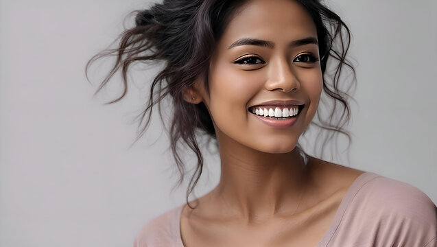 Stunning Ultra Realistic Close-up Portrait of Smiling Young Asian Indian Model with Perfect Teeth on White Background