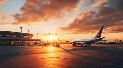A vibrant sunset illuminates the airport terminal buildings and runways, casting a warm glow on the sleek silhouette of planes. Scattered clouds paint the sky with vibrant hues as the busy tarmac buz - obrazy, fototapety, plakaty
