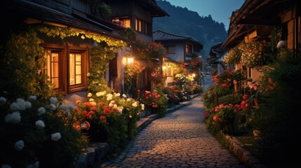 A peaceful village at dusk with cozy houses, twinkling lights, and blooming flowers. The golden light casts a serene ambiance over the landscape, as gentle rustling leaves and a scenic view add to th