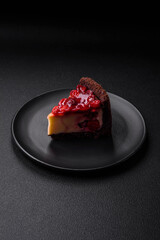 Delicious sweet cheesecake cake with mascarpone cheese, cherry berries and jam