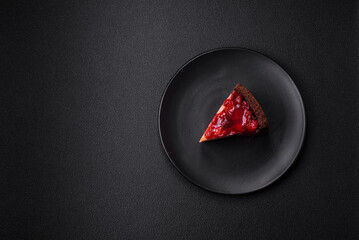 Delicious sweet cheesecake cake with mascarpone cheese, cherry berries and jam