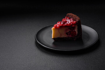 Delicious sweet cheesecake cake with mascarpone cheese, cherry berries and jam