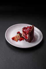 Delicious sweet cheesecake cake with mascarpone cheese, cherry berries and jam