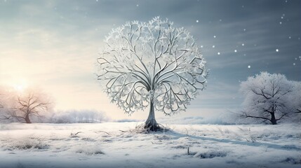  a large tree in the middle of a snowy field with a sky background.  generative ai