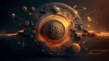 Powerful bitcoin background in black and orange light. The return of bitcoin. Crypto currency background.
