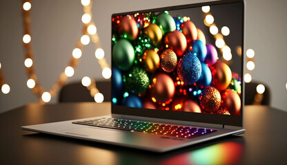 Holiday digital concept. Laptop with colorful ornaments on Christmas background.