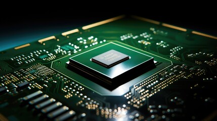 Illuminated green computing chip with intricate circuitry, angled on a surface. Soft light and shadows reveal patterns. Innovative, eco-friendly technology for efficient data processing and connectiv