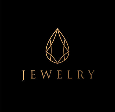 Brilliant jewelry drop logo for beauty, cosmetics brand. Vector elegant golden earring gemstone line art logo icon