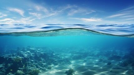 Split view horizon of blue sky with clouds and sunlight and blue underwater ocean. Breathtaking Oceanic Panorama - with copy space to insert ads.