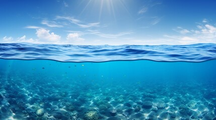 Split view horizon of blue sky with clouds and sunlight and blue underwater ocean. Breathtaking...