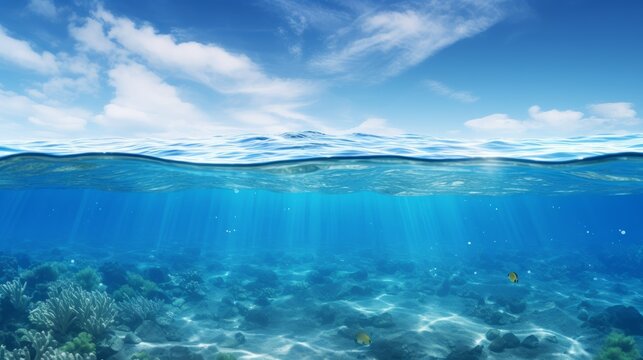 Split view horizon of blue sky with clouds and sunlight and blue underwater ocean. Breathtaking Oceanic Panorama - with copy space to insert ads.
