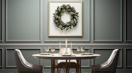  a dining room with a table and chairs and a wreath on the wall.  generative ai