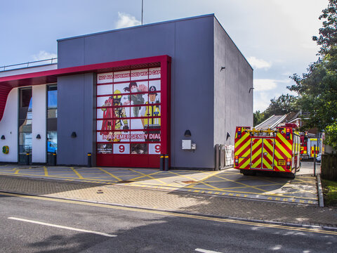 Crowthorne, UK, 21 September 2023: Fire station ad fire engine