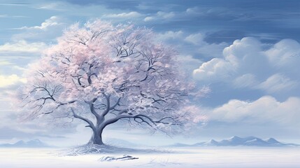  a painting of a tree in a snowy landscape with mountains in the background.  generative ai
