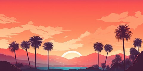 Fototapeta na wymiar AI Generated. AI Generative. Vintage retro background landscape with palm trees mountain and lake sea ocean. Graphic Art